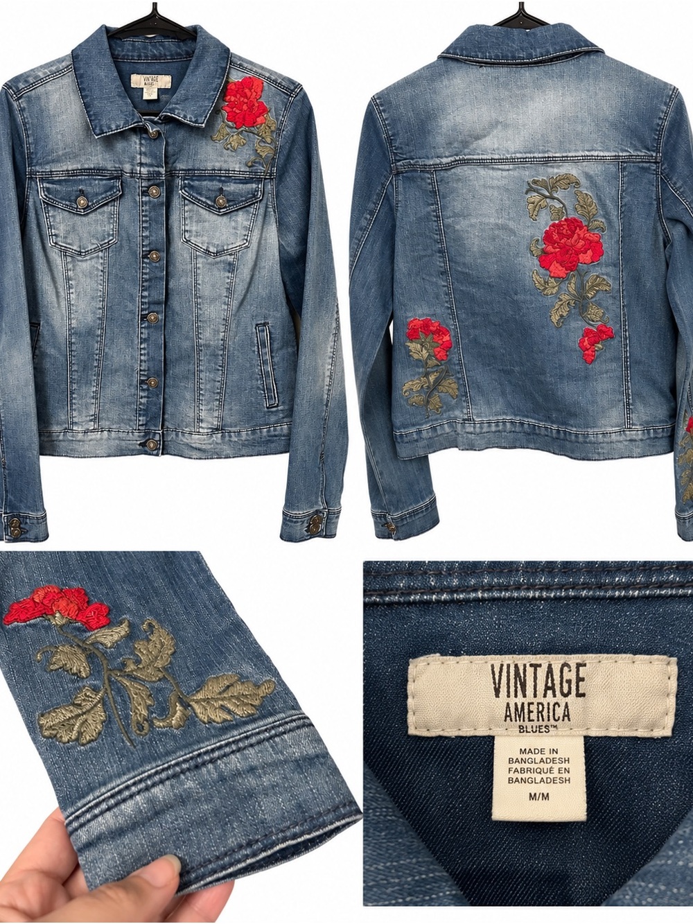 Vintage America Blue Denim Jacket with Red Floral Embroidery